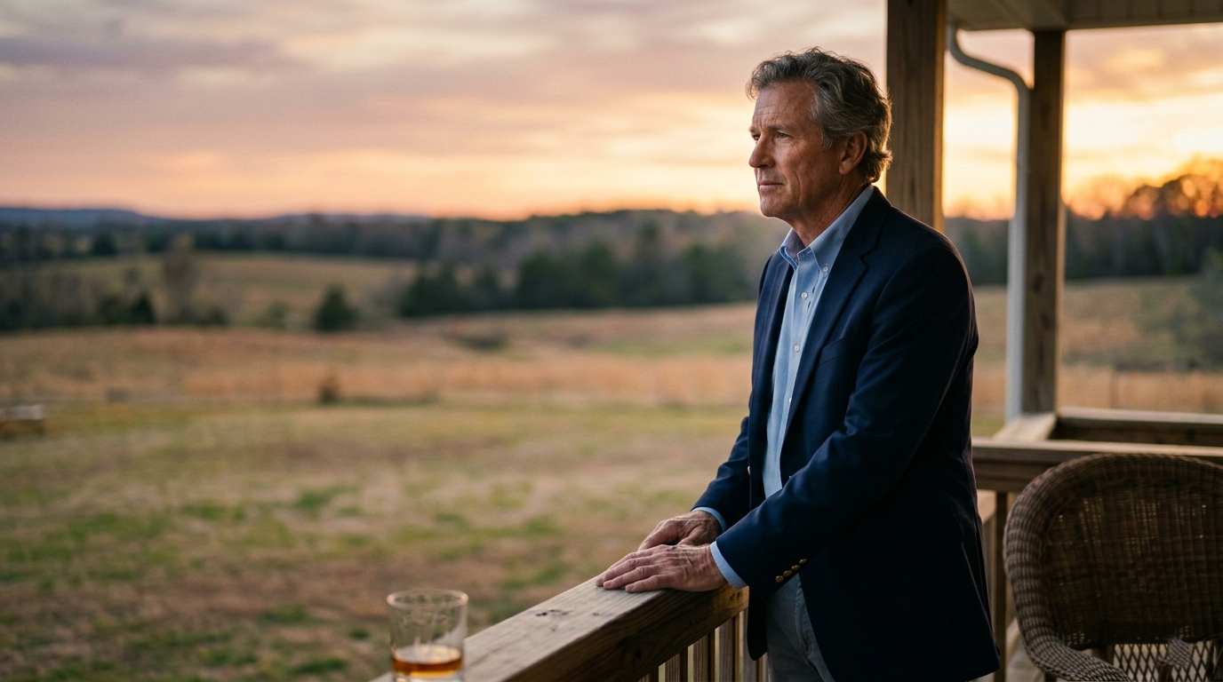 An older man on a porch overlooking a field at sunset