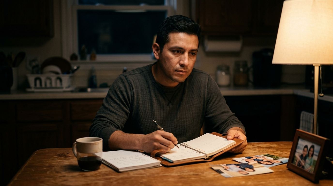 A man writing in a journal by lamplight at the kitchen table